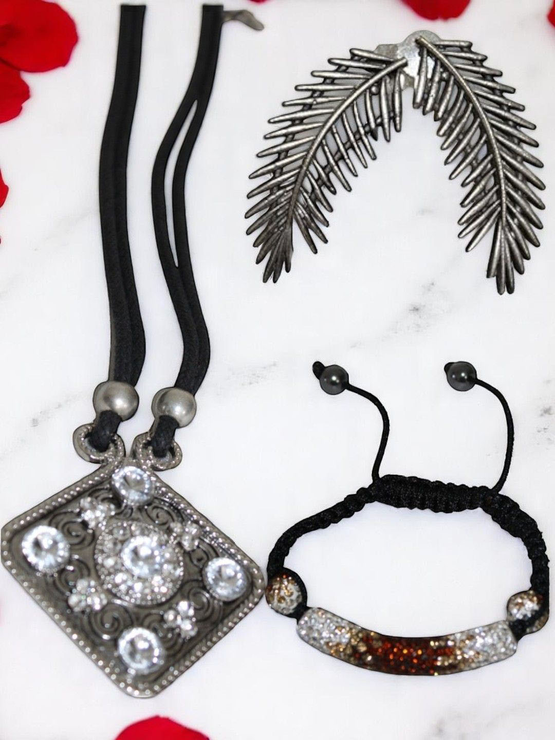 Jolly Faces Pack of 3 Oxidised Necklace Ring & Bracelet Jewellery Set