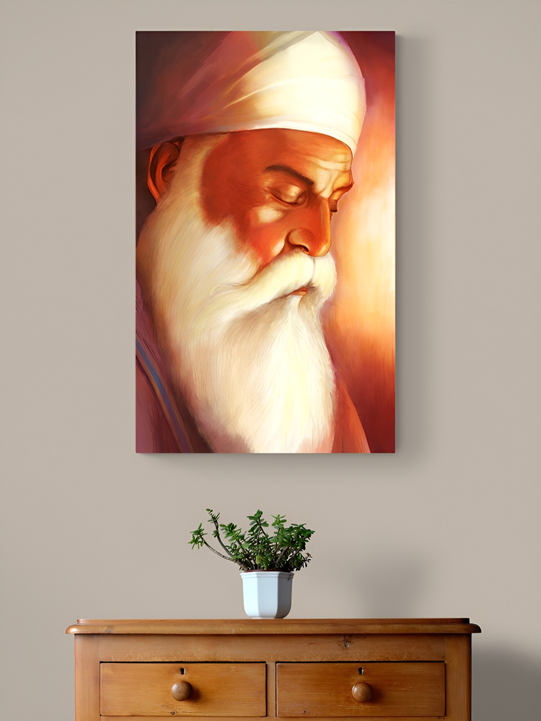Tushaco Handicrafts White & Orange Guru Nanak Ji Printed Religious Canvas Wall Art