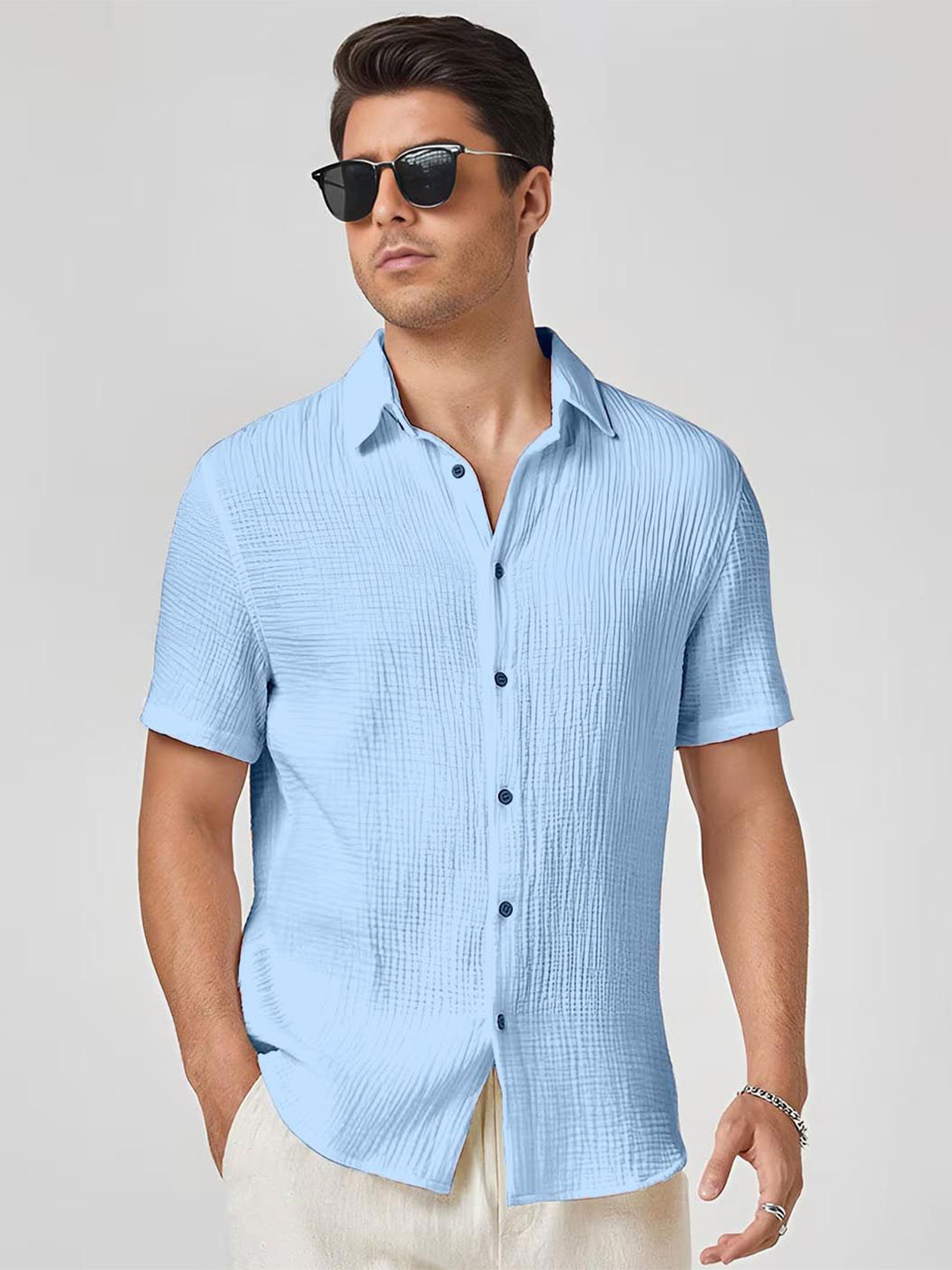 TIGER SNAKE Self Design Spread Collar Short Sleeves Casual Shirt