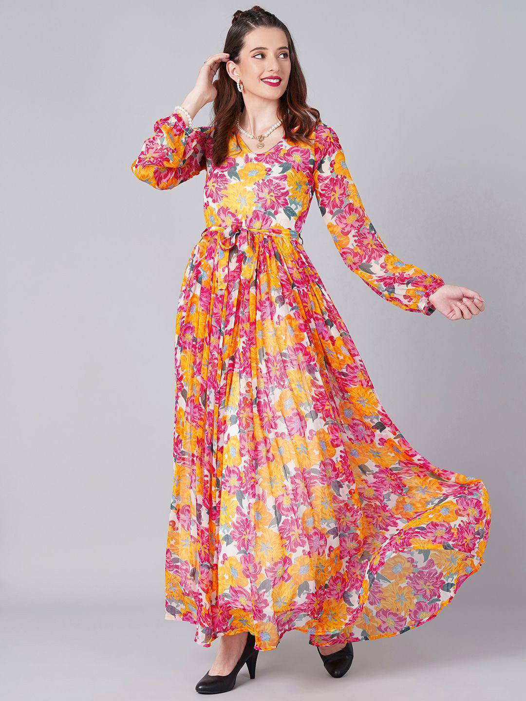 MINOS Women Floral Print V-Neck Chiffon Maxi Dress