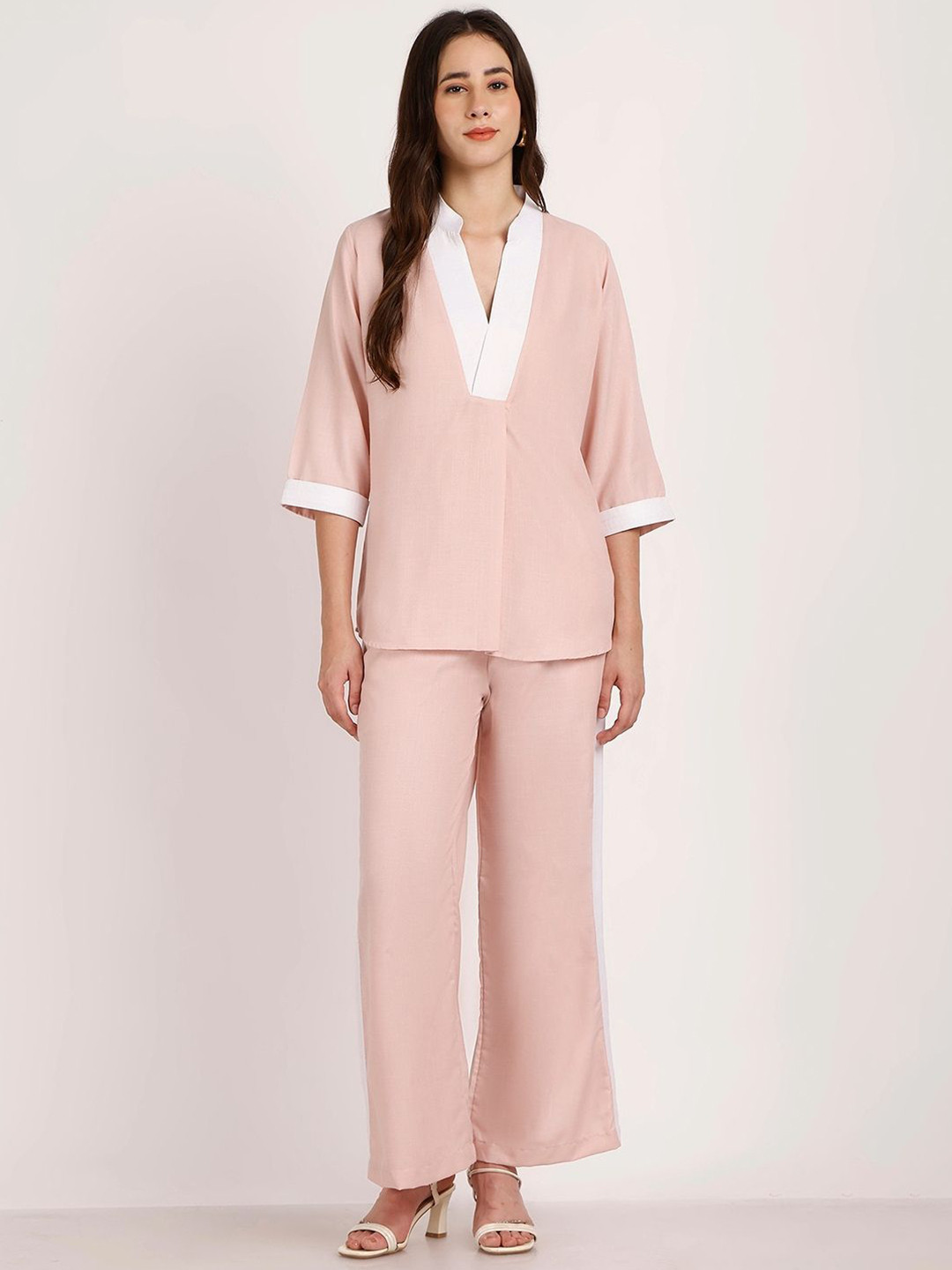 Aoba Women Light pink Solid Linen Co-ord Set