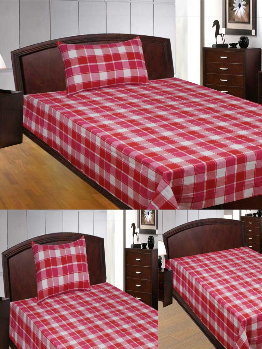 NewLadiesZone Pink & White Checked 210 TC Single Bedsheet with 1 Pillow Covers