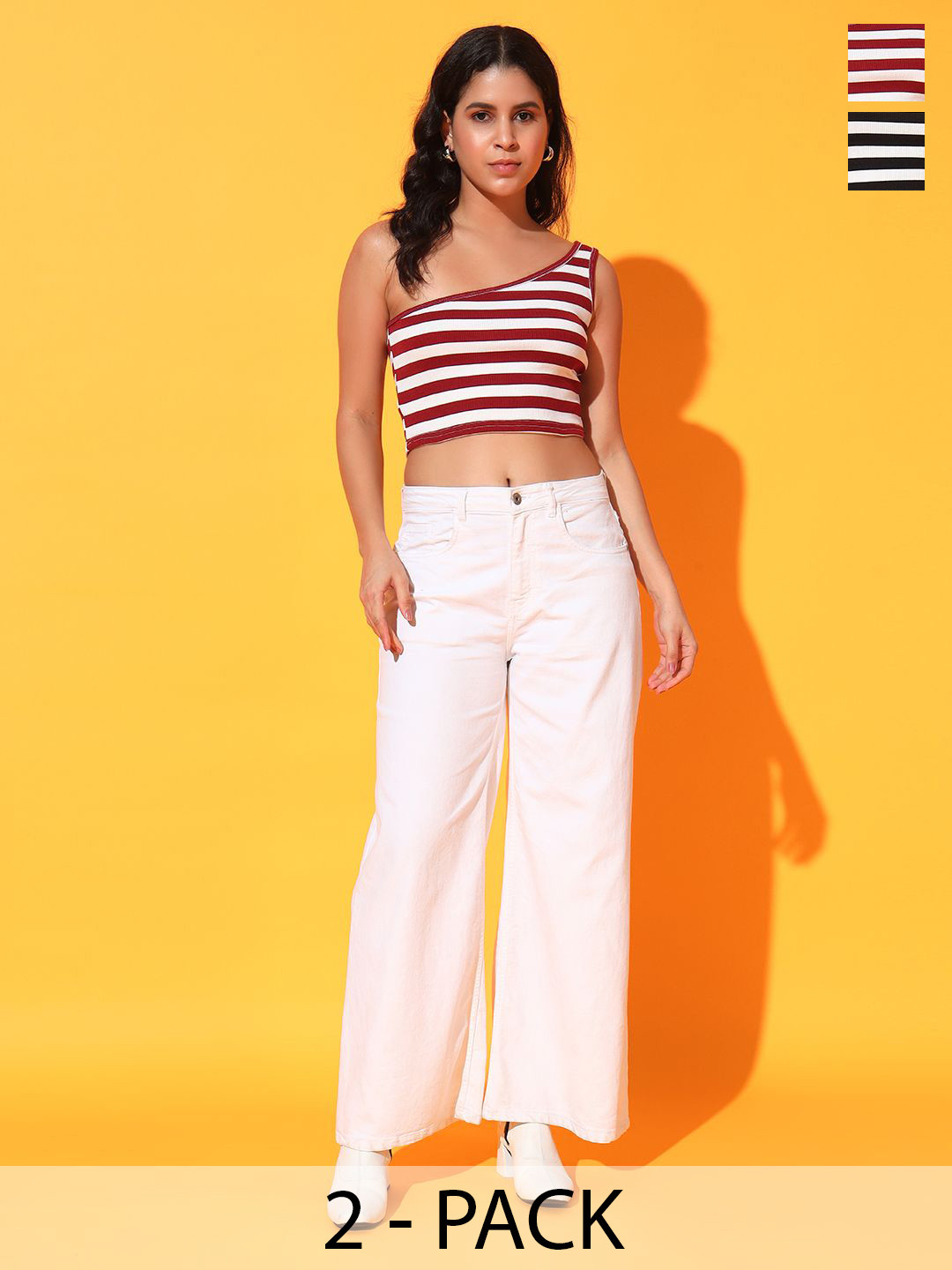 Istyle Can Pack Of 2 Striped One Shoulder Crop Top