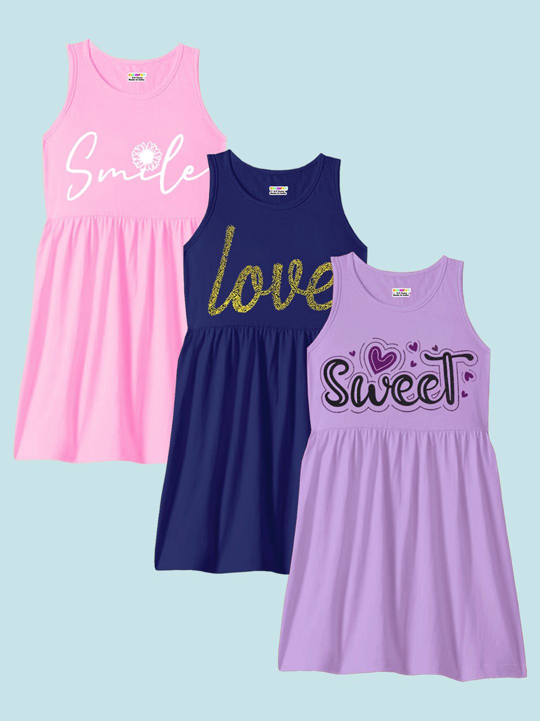 KUCHIPOO Girls Pack Of 3 Typography Printed Gathered or Pleated Fit & Flare Dress