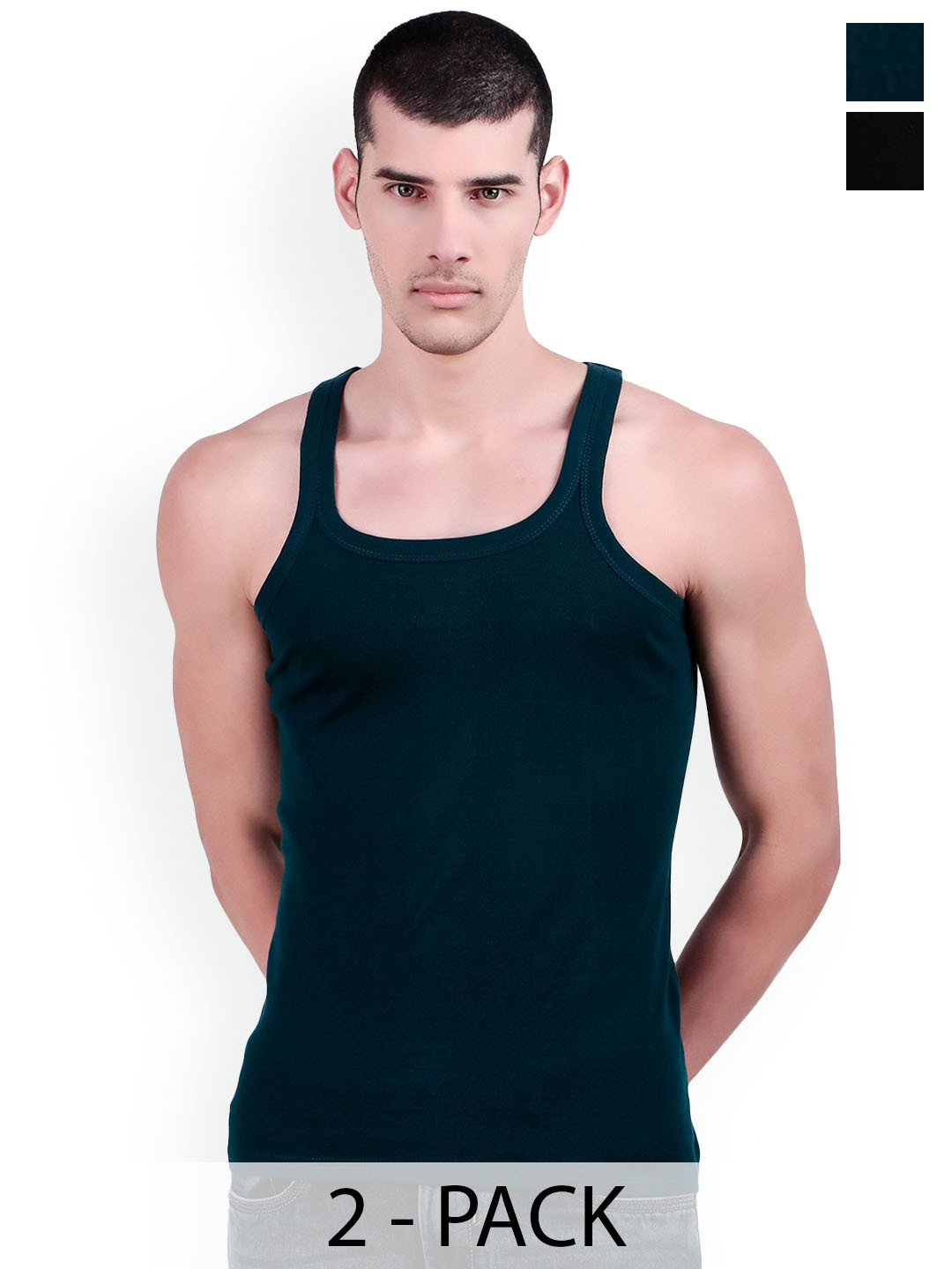 inner element Pack Of 2 Cotton Ribbed Gym Vests 111_GYMVEST_PK2_TEAL_BLACK_