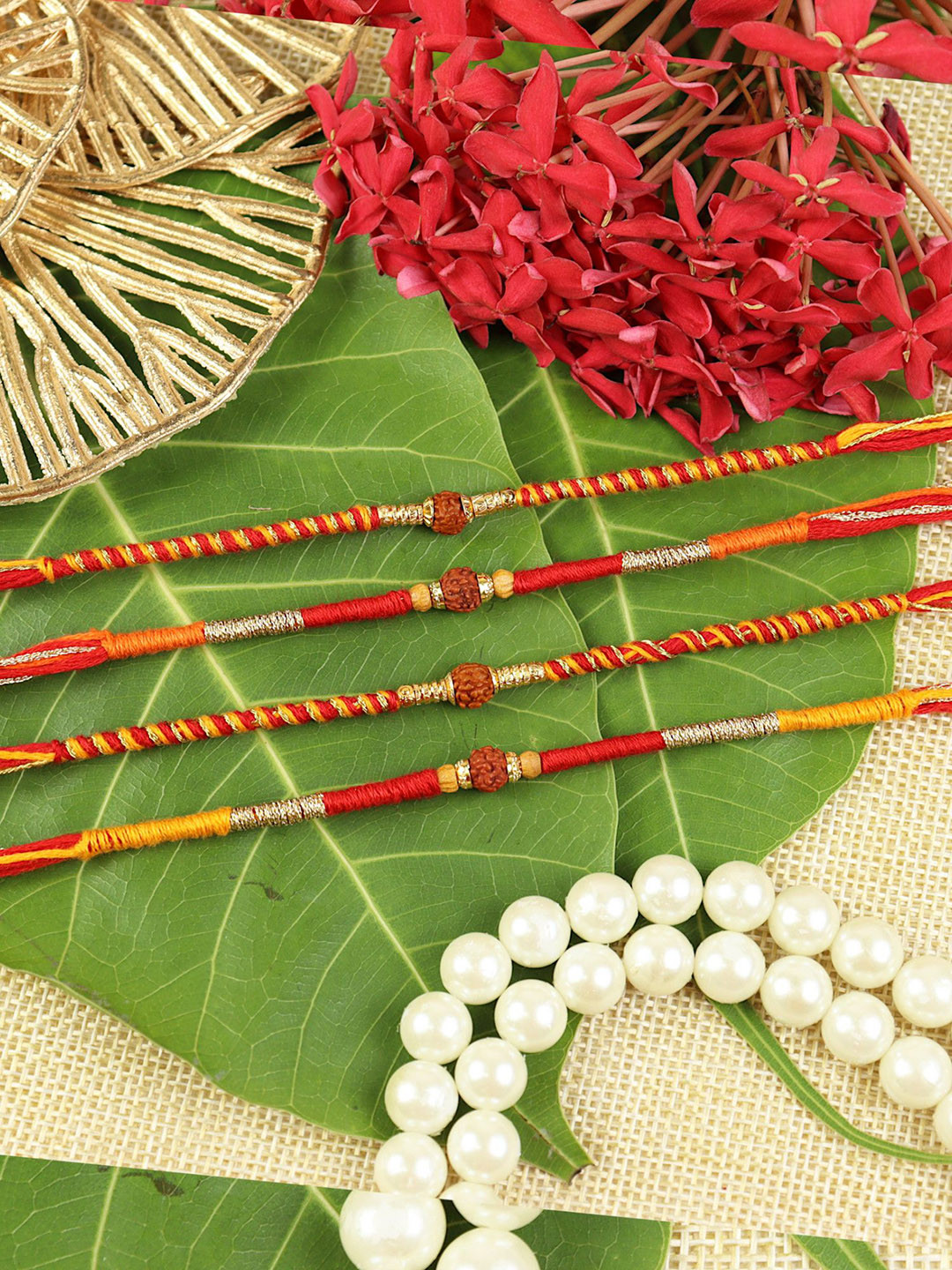 Asthetika Set Of 4 Rudraksha Beaded Traditional Rudraksha Rakhis With Roli Chawal