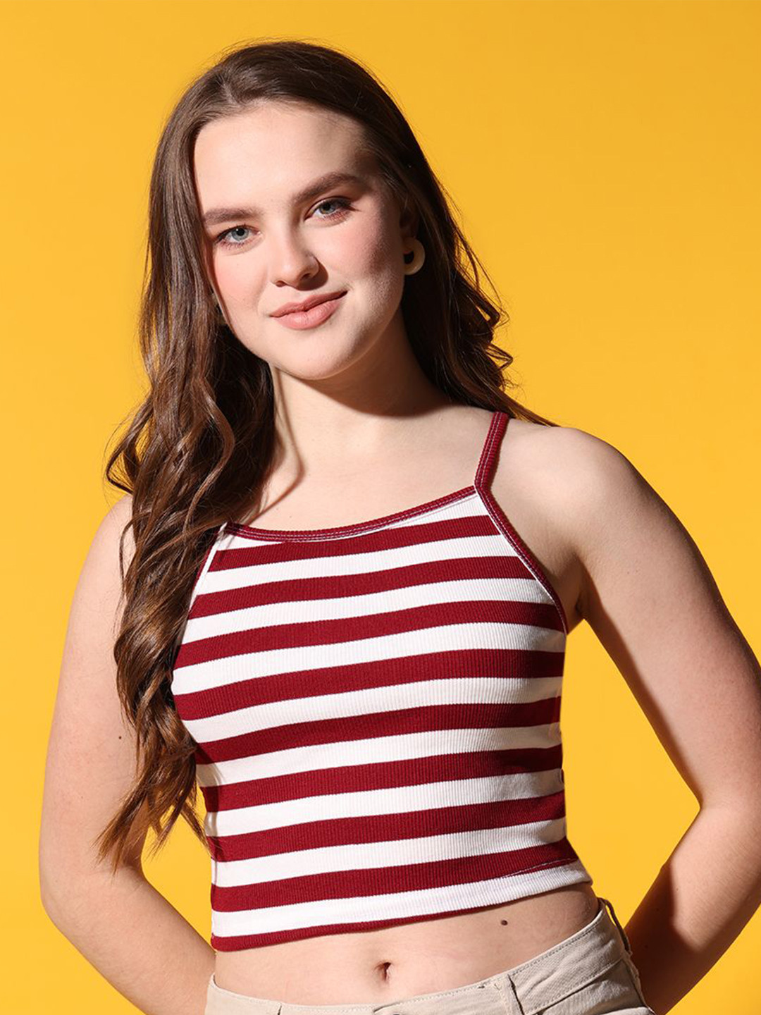 Istyle Can Women Red & White Striped Halter Neck Crop Top