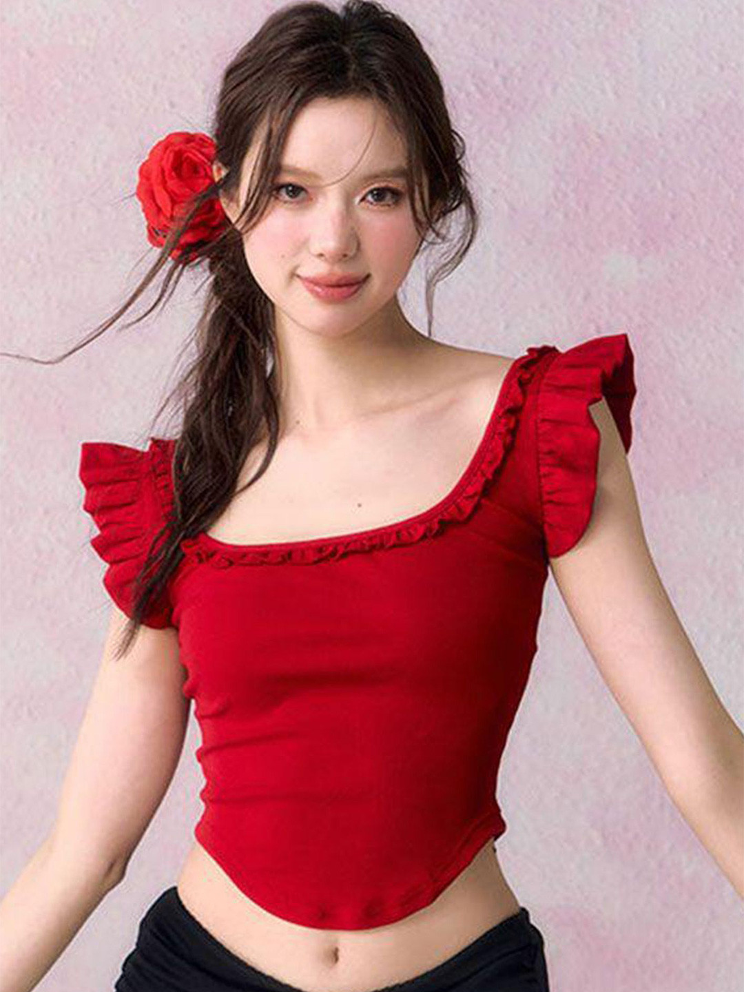 LULU & SKY Women Flutter Sleeve Ruffles Fitted Crop Top