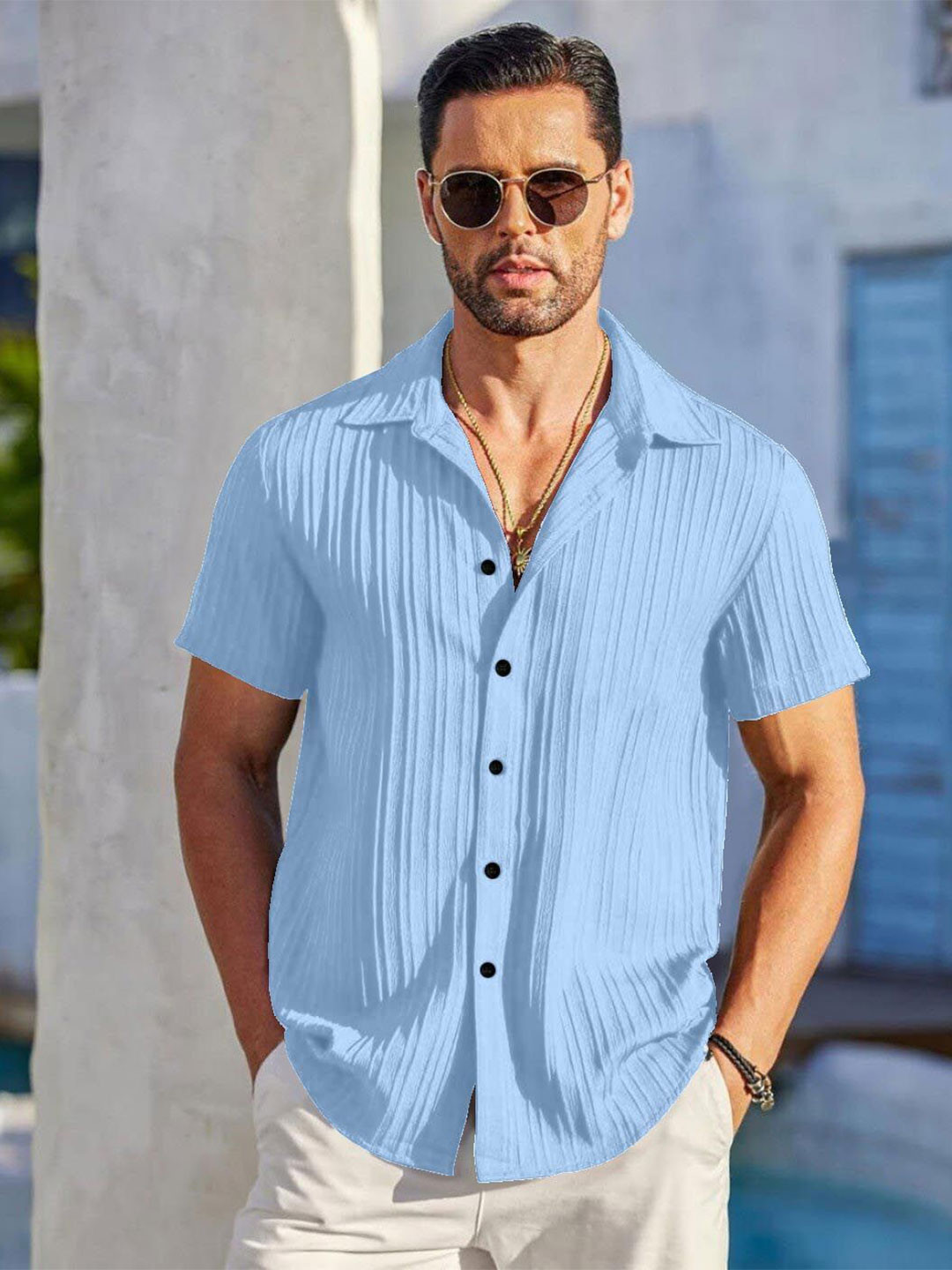 TIGER SNAKE Self Design Spread Collar Short Sleeves Casual Shirt