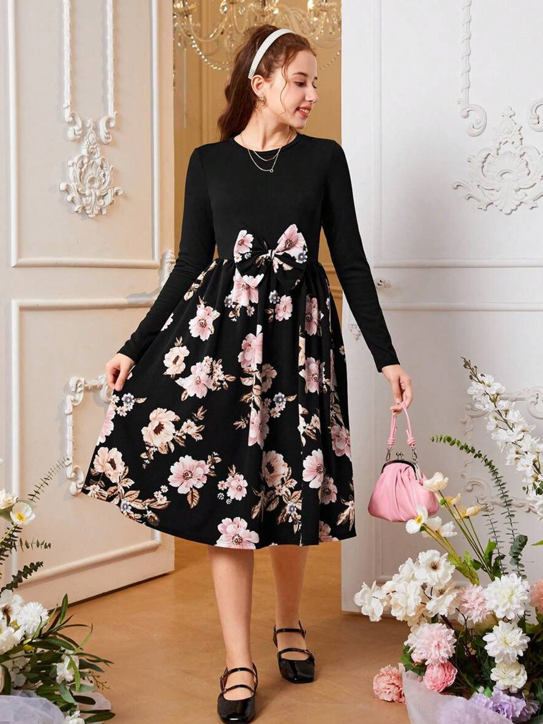 White World Girls Floral Printed Fit & Flare Midi Dress With Bow Detail