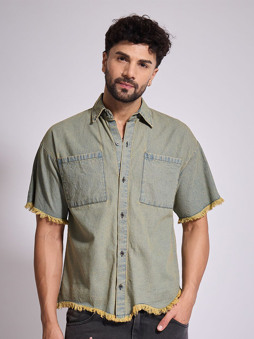 FUGAZEE Raw Edge Edgy Oversized Spread Collar Pure Cotton Denim Shirt