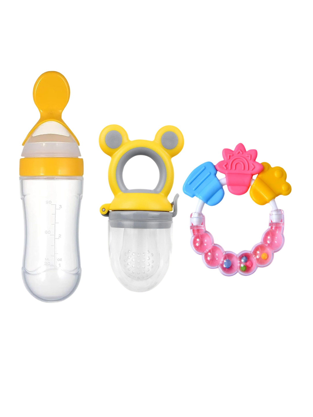 Joy Buzz Kids Set Of 3 Baby Food Feeder Nibbler & Rattle Teether - Pink & Yellow