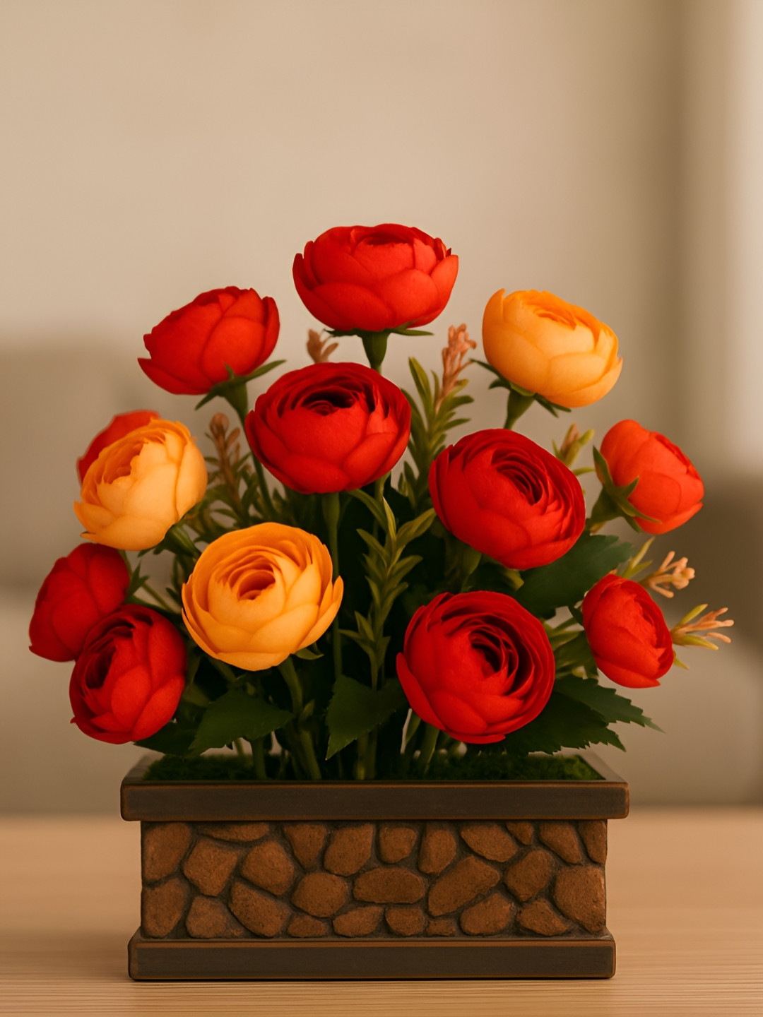ARTSY Maroon & Orange Peony Artificial Flower With Pot