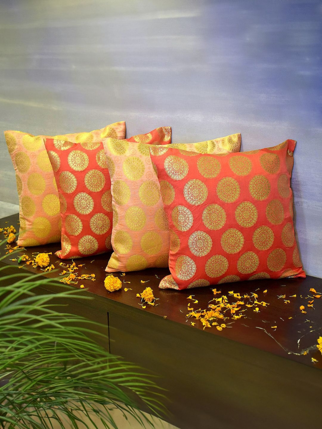 RoyalDeco Mandala Peach-Coloured 4 Pieces Ethnic Motifs Brocade Silk Square Cushion Covers