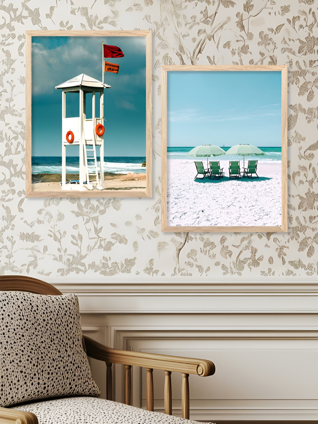 Kotart Brown & White 2 Pieces Beaches Printed Wooden Wall Arts