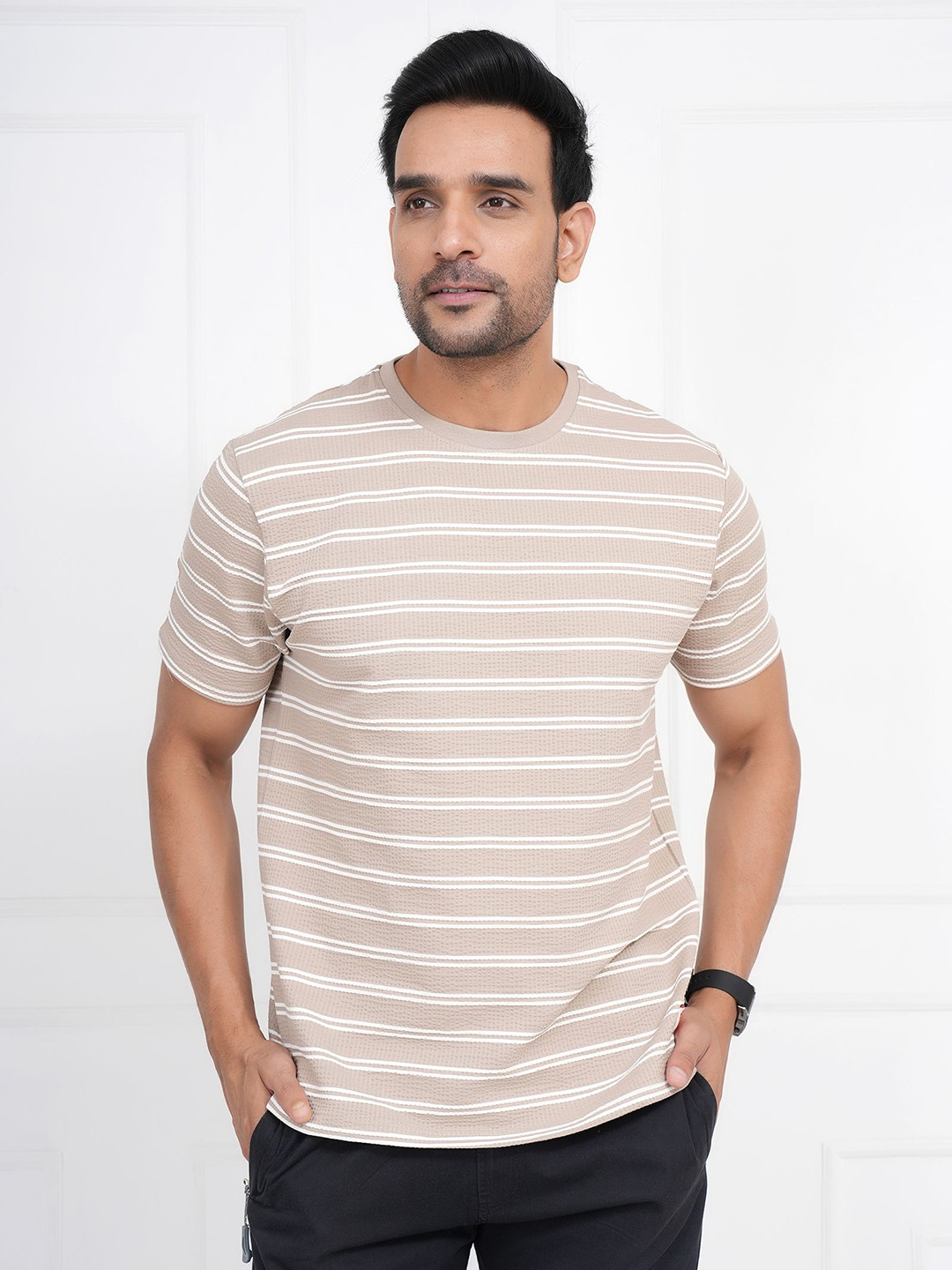 ARBOUR Striped Round Neck Short Sleeves Pure Cotton T-shirt