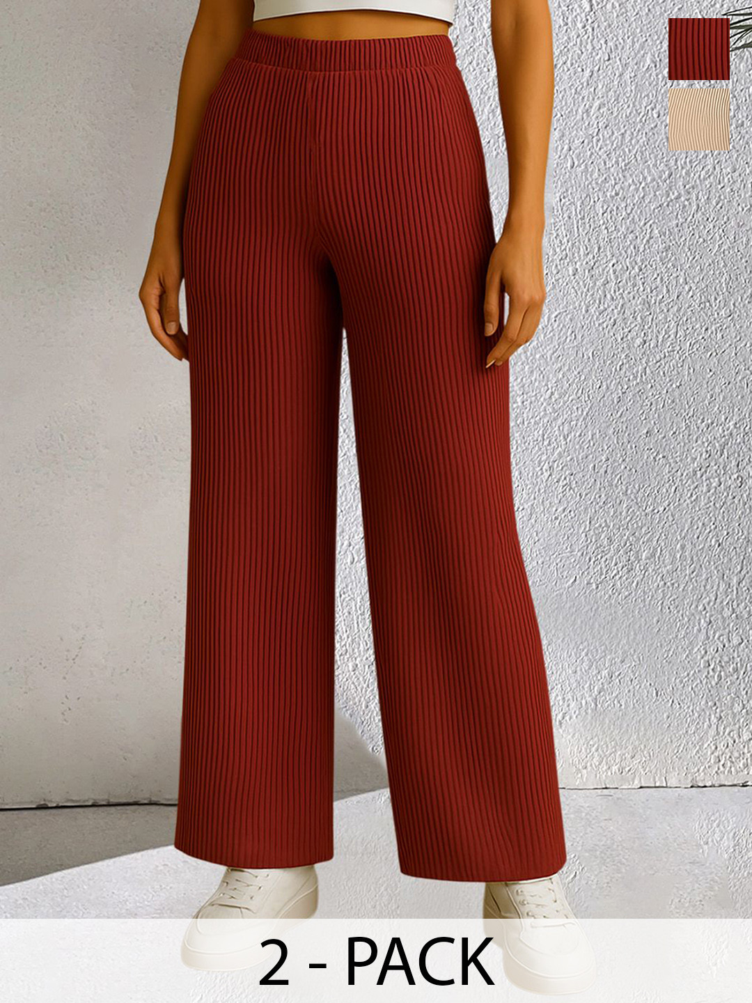 Fabflee Women Pack Of 2 Striped Comfort Straight Fit Trousers