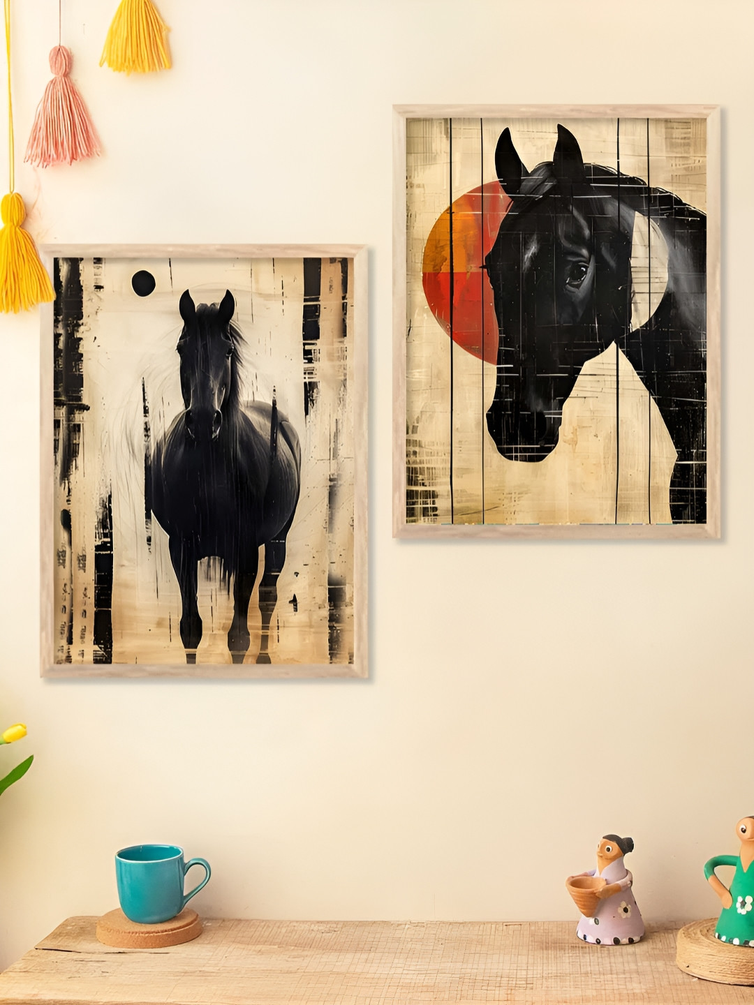 Kotart Beige & Black 2 Pieces Wooden Horse Wall Arts