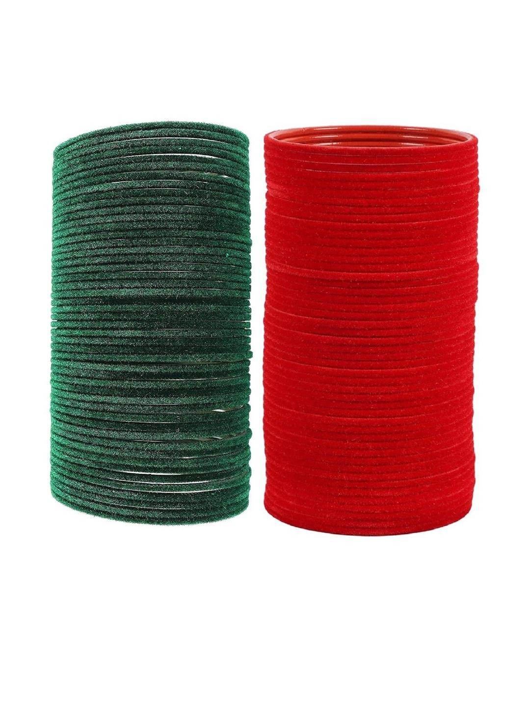 Guddan Set of 96 Green & Red Metal Velvet Bangles