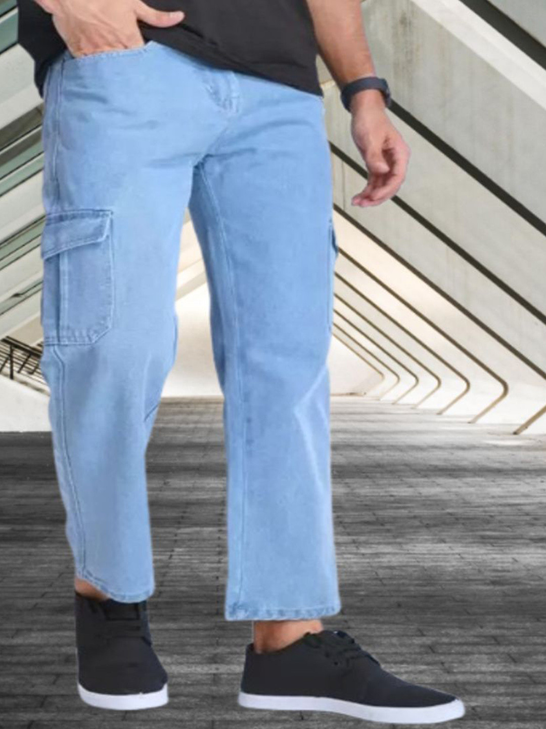 Playfeel Men Jean Relaxed Fit Mid-Rise Slash Knee Stretchable Cotton Cargo Style Jeans