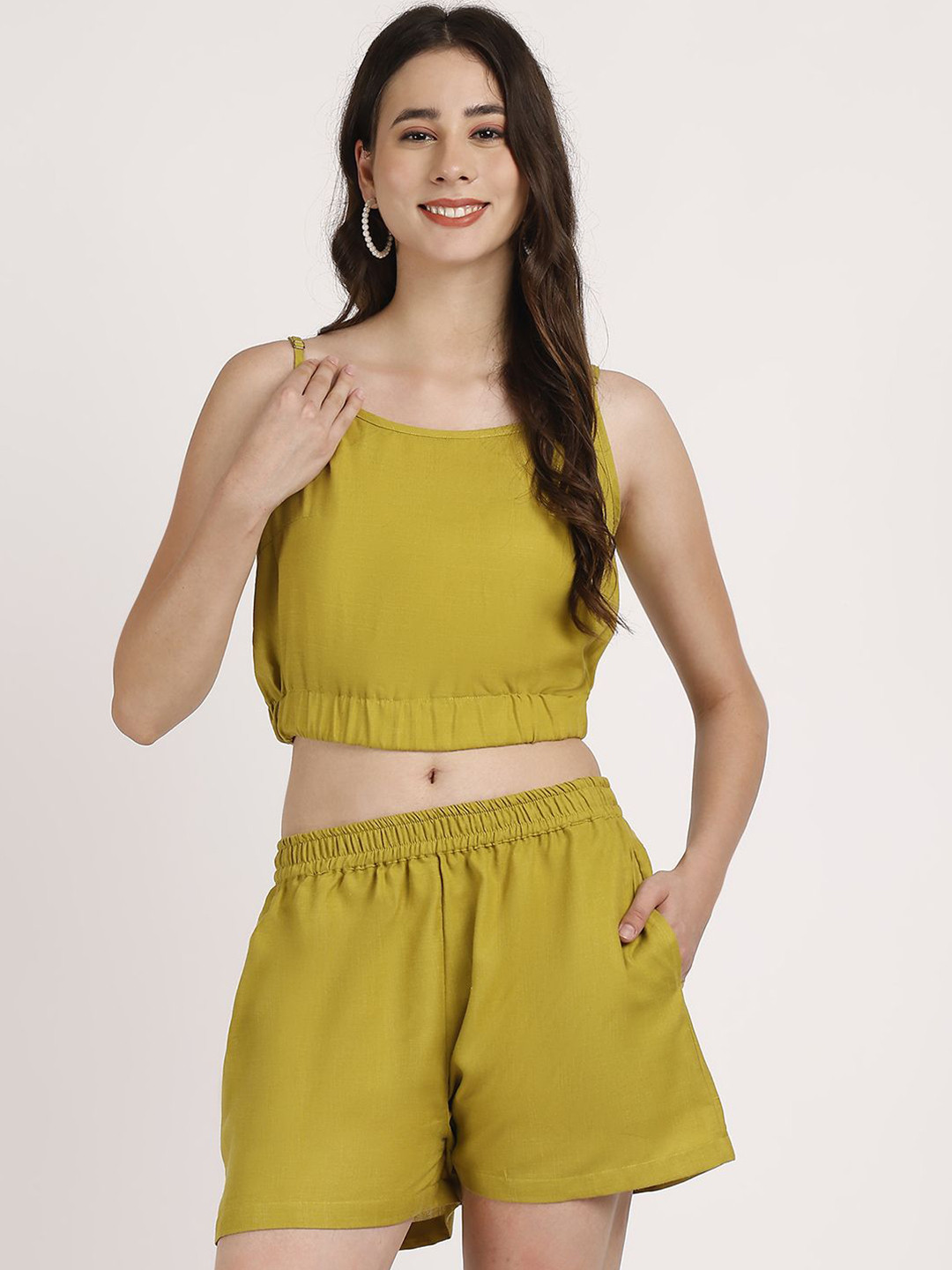 Aoba Women Green Linen Solid Co-ord Set