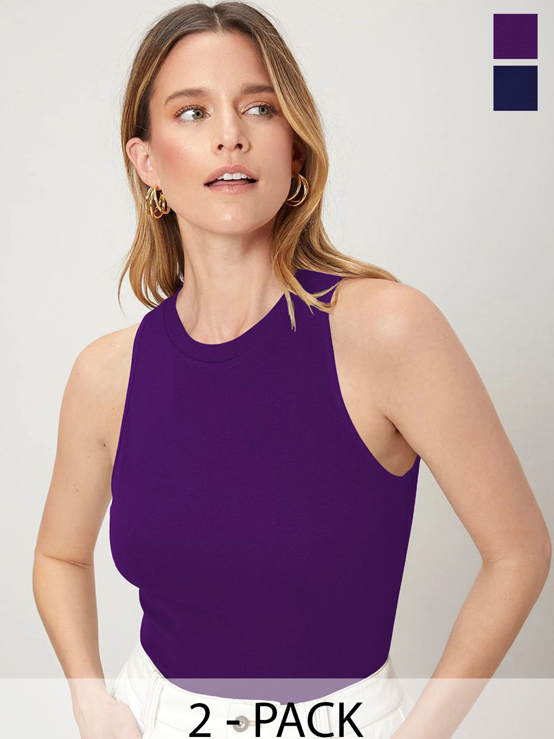 BAESD Blue & Deep Purple Sleeveless Lycra Round Neck Stretchable fit Crop Top