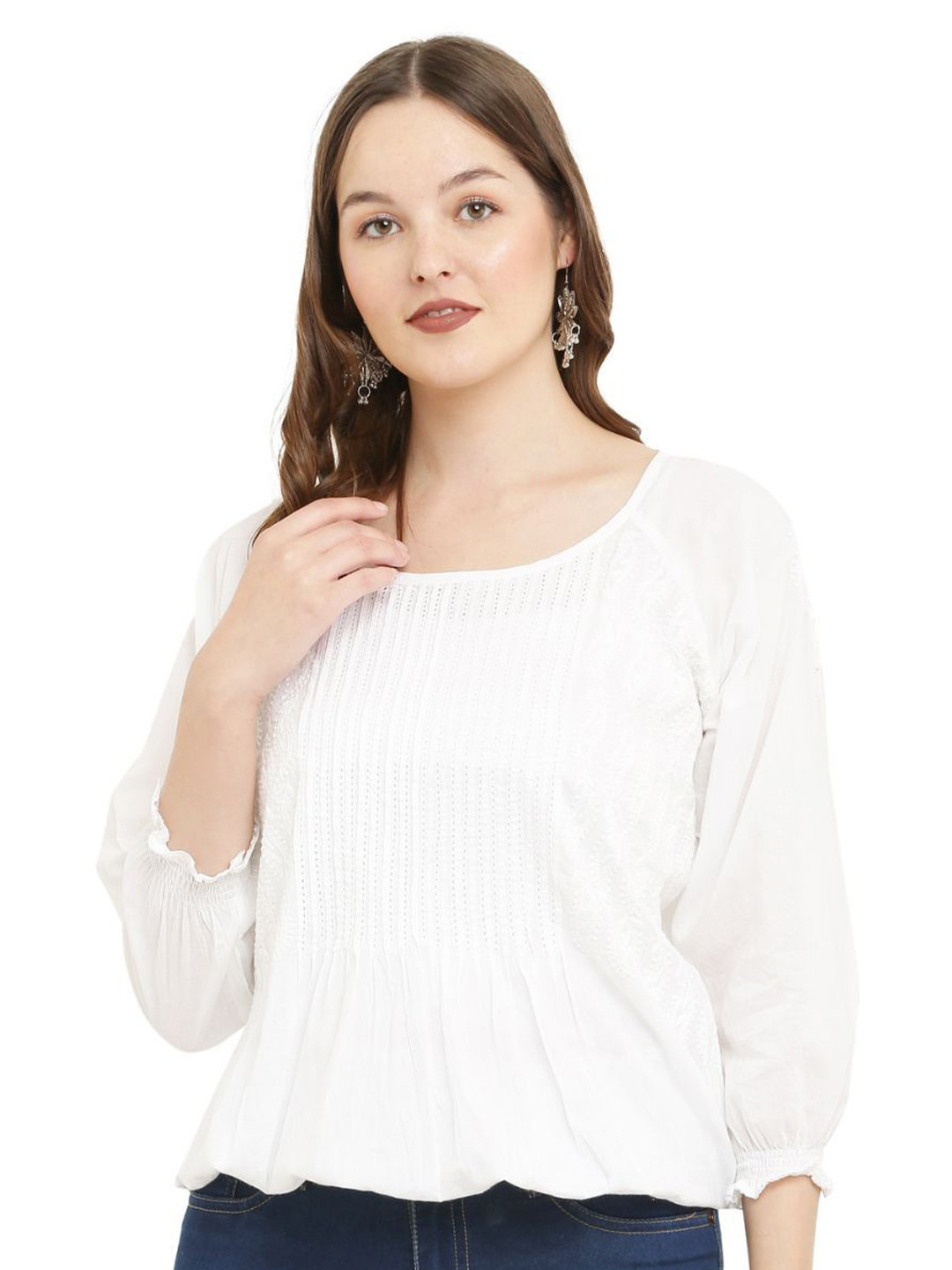 Niddleman Women Self Design Puff Sleeve Cotton Balloon Top