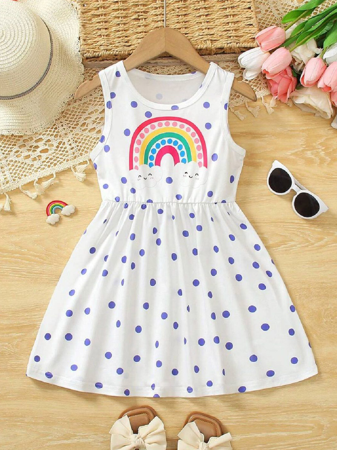 White World Girls Polka Dot Printed Gathered or Pleated Fit & Flare Dress