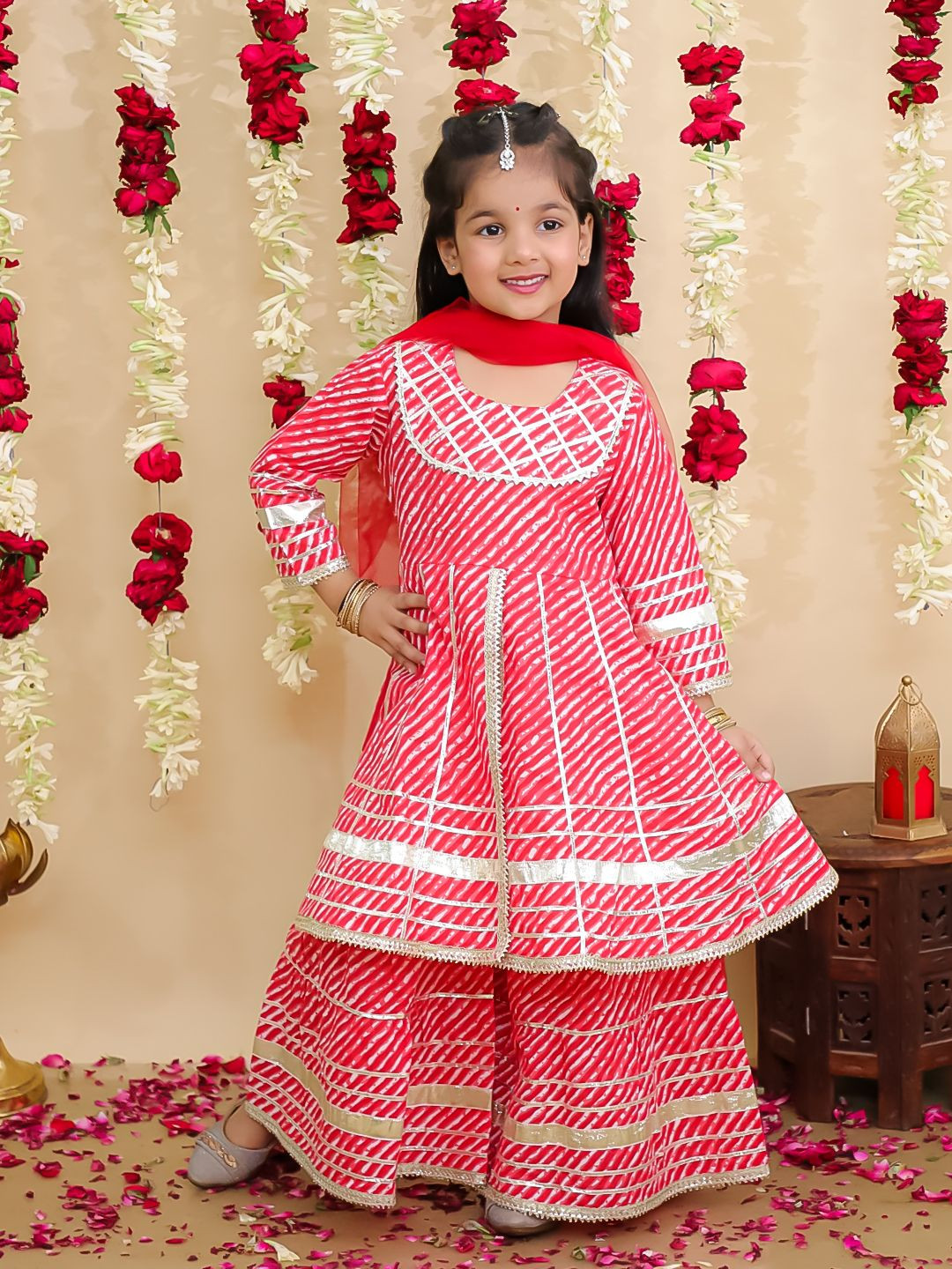 BownBee Girls Lehriya Printed Pure Cotton Kurti & Sharara With Dupatta