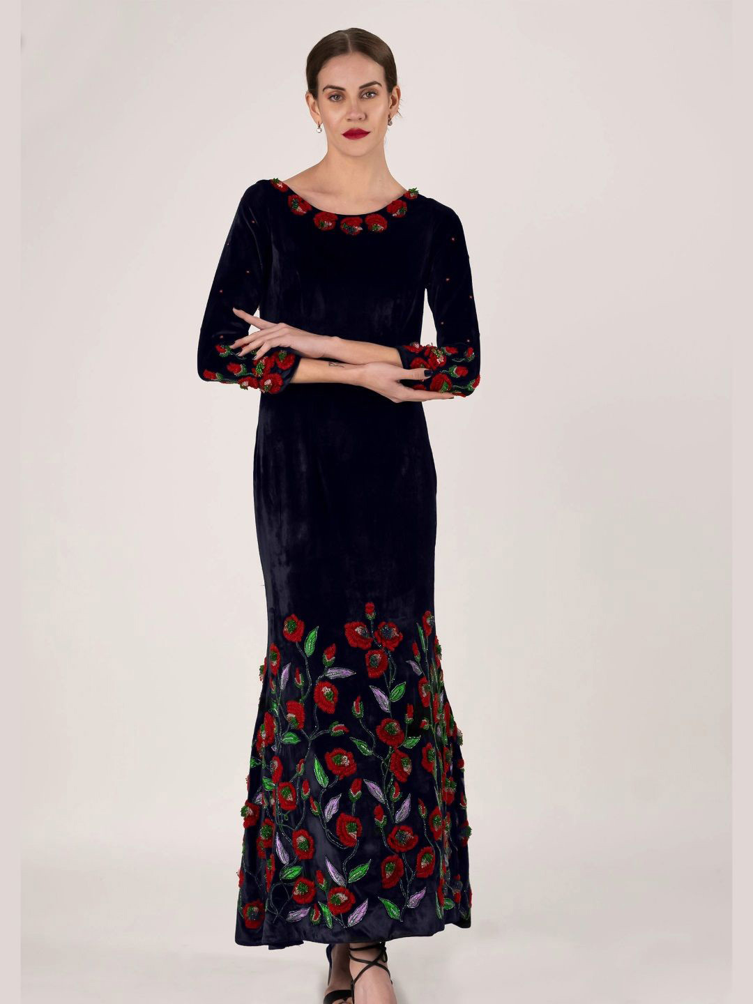 ROOH by SHIVANI Floral Printed Embroidered Work Velvet Maxi Dress