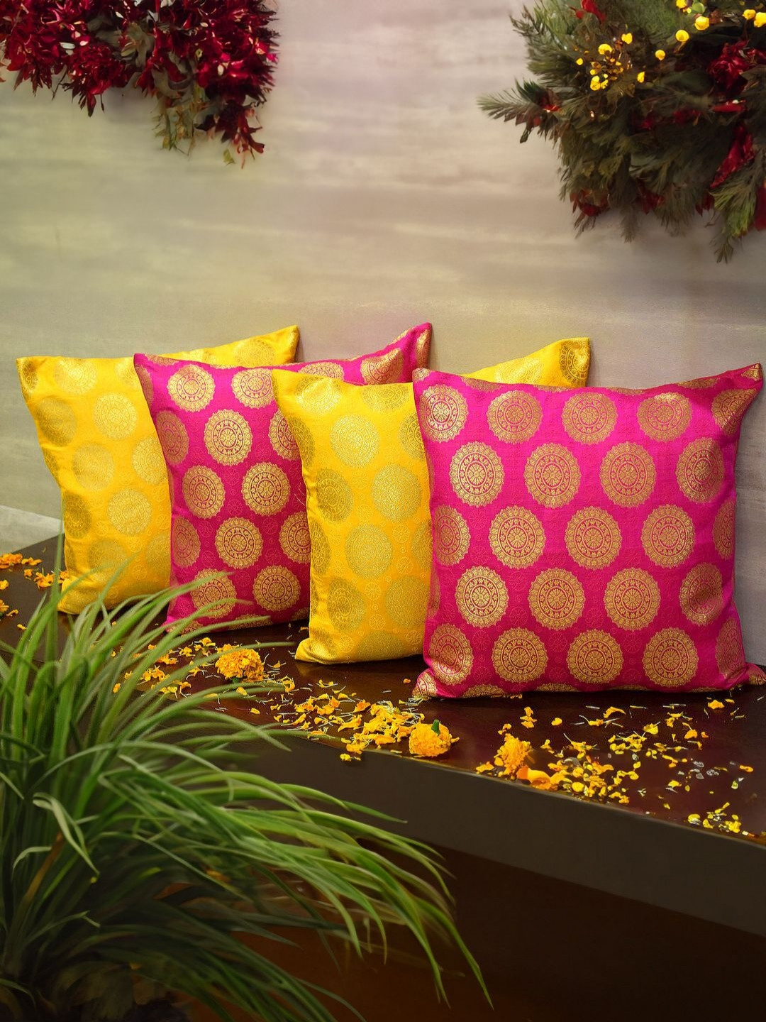 RoyalDeco Mandala Yellow 4 Pieces Ethnic Motifs Brocade Silk Square Cushion Covers