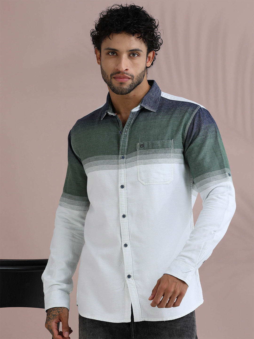 RIGS AND RAGS Men Comfort Fit Horizontal Striped Spread Collar Cotton Casual Shirt