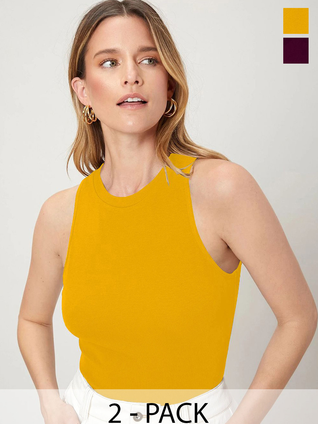 BAESD Wine & Mustard Sleeveless Lycra Round Neck Stretchable fit Crop Top