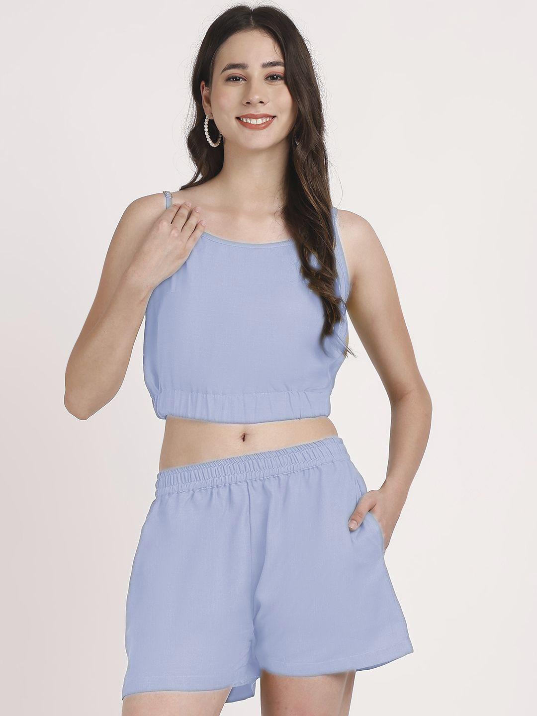 Aoba Women Blue Linen Solid Co-ord Set