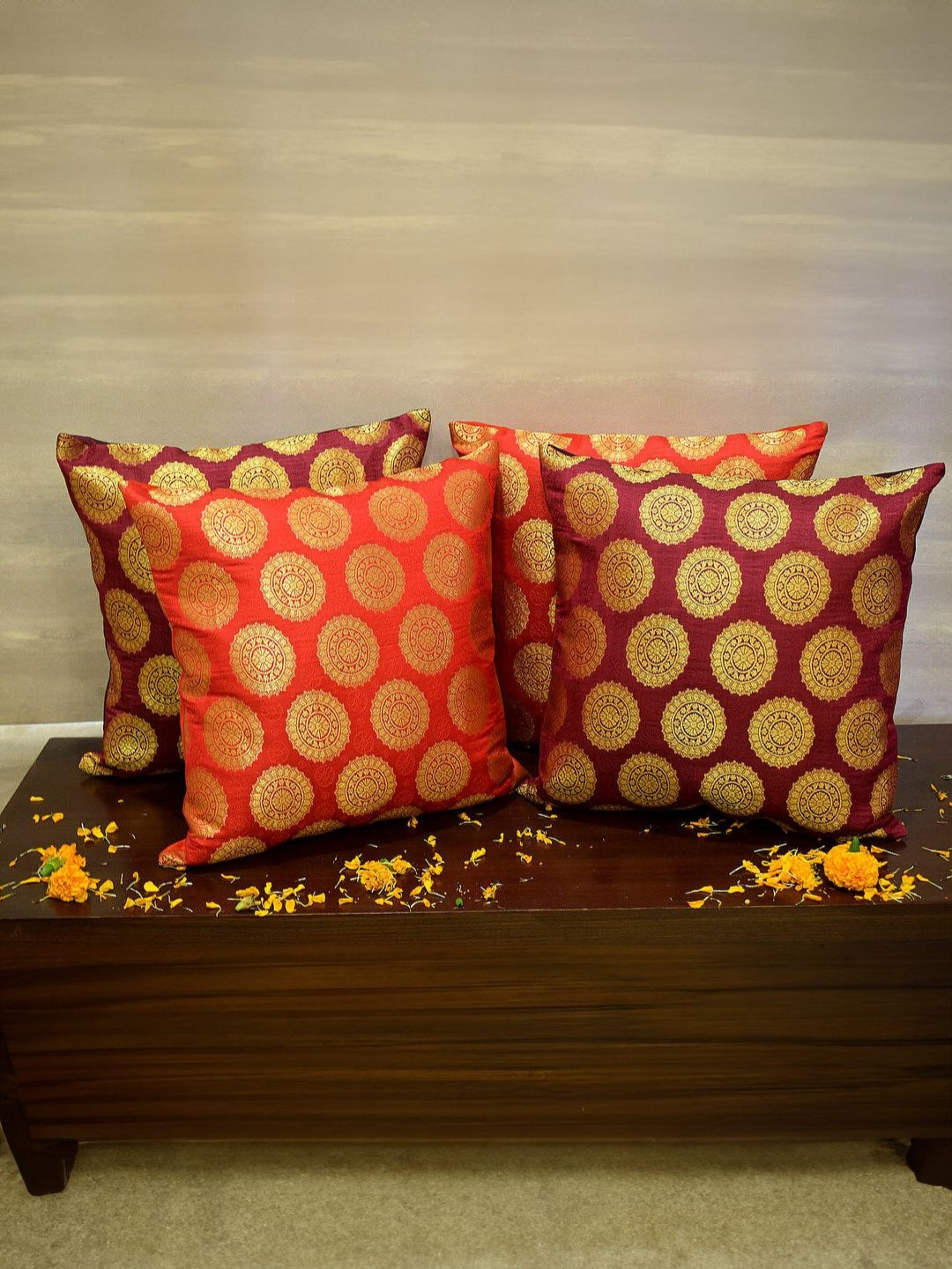 RoyalDeco Mandala Maroon & Red 4 Pieces Ethnic Motifs Brocade Silk Square Cushion Covers