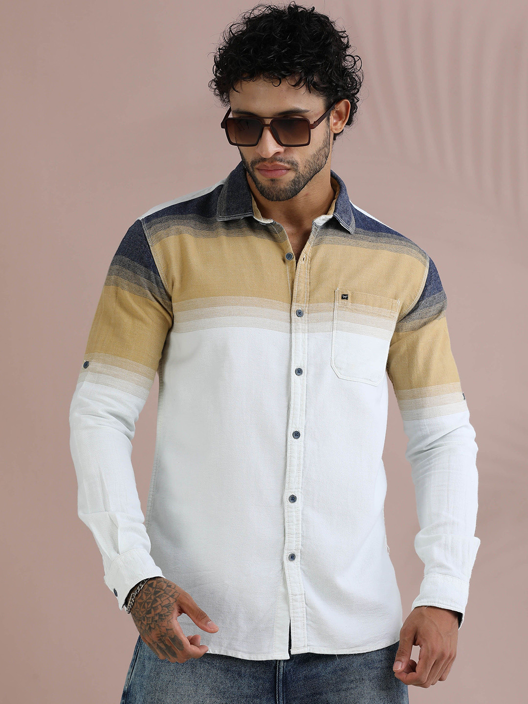 RIGS AND RAGS Comfort Horizontal Striped Spread Collar Pure Cotton Casual Shirt