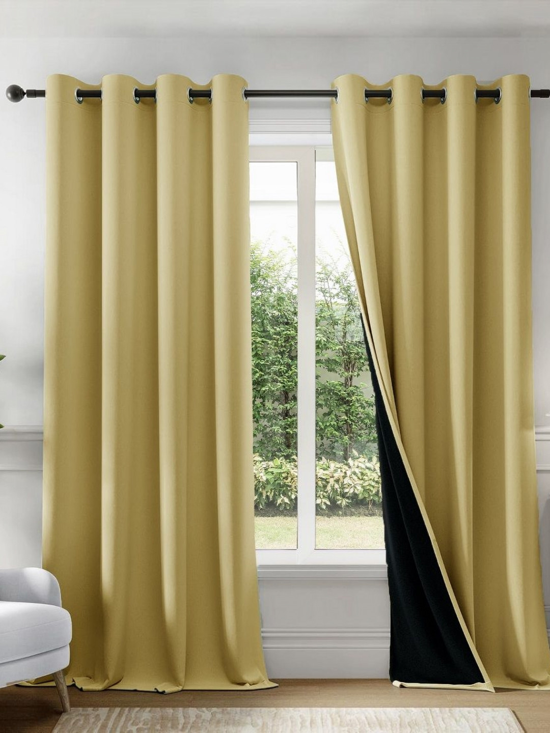 HOMEMONDE Gold-Toned & Black 2 Pieces Black Out Door Curtains