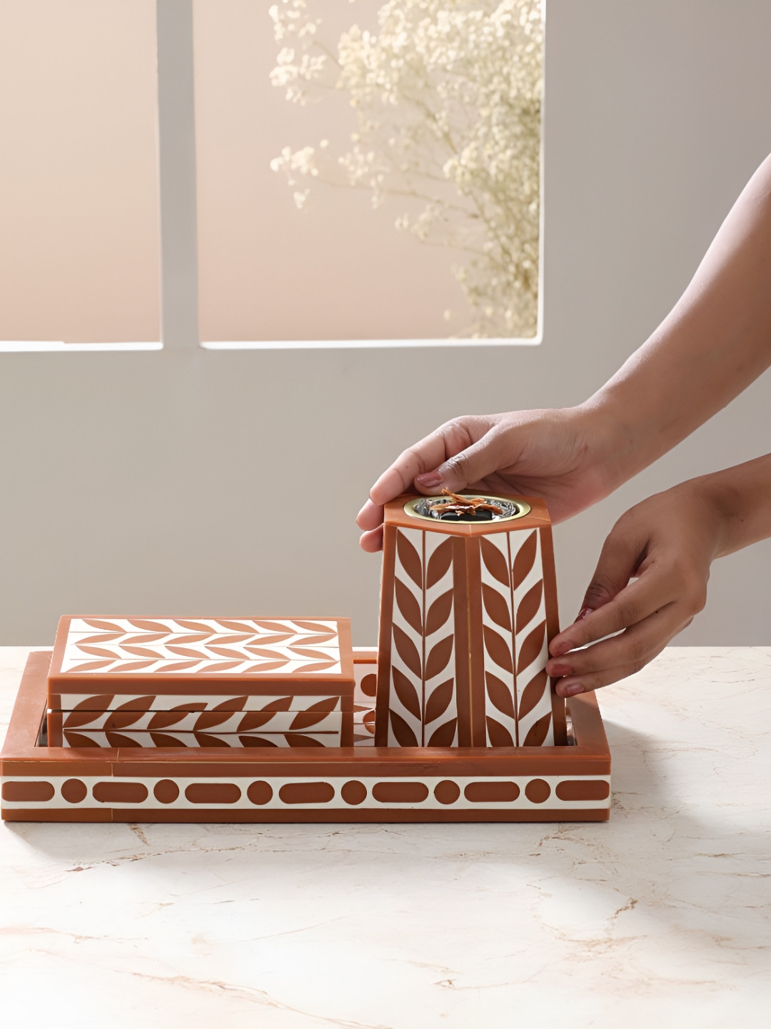 Ritualistic 3-Pcs Brown & White Printed Wooden Bakhoor Set PoojaEssentials