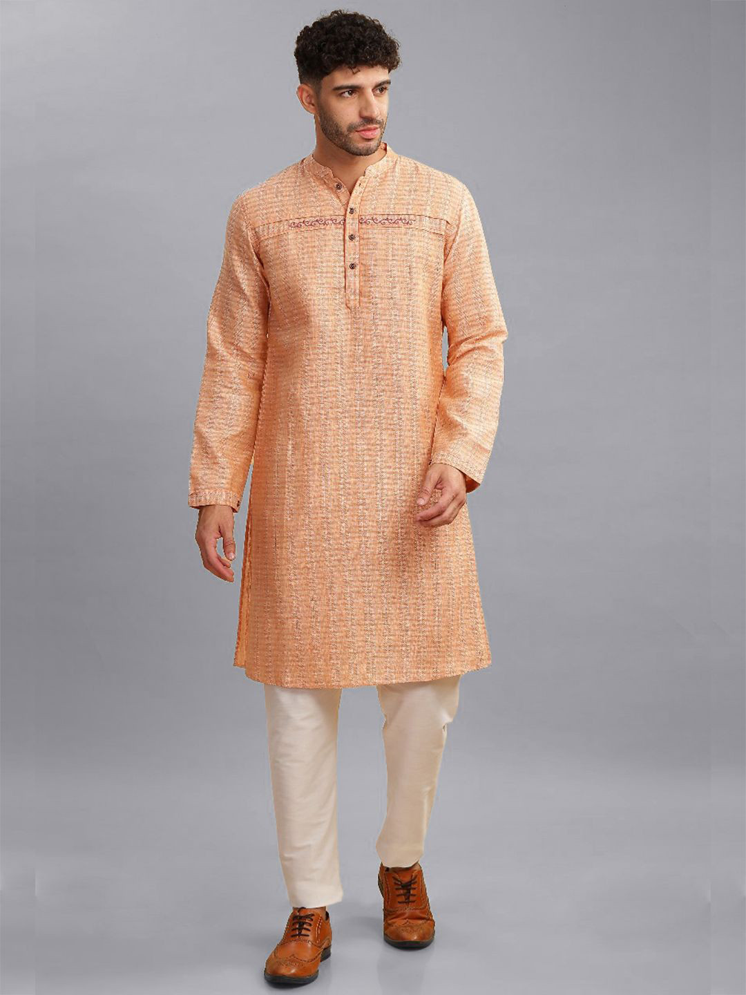 Arch element Floral Embroidered Thread Work Mandarin Collar Cotton Straight Kurta