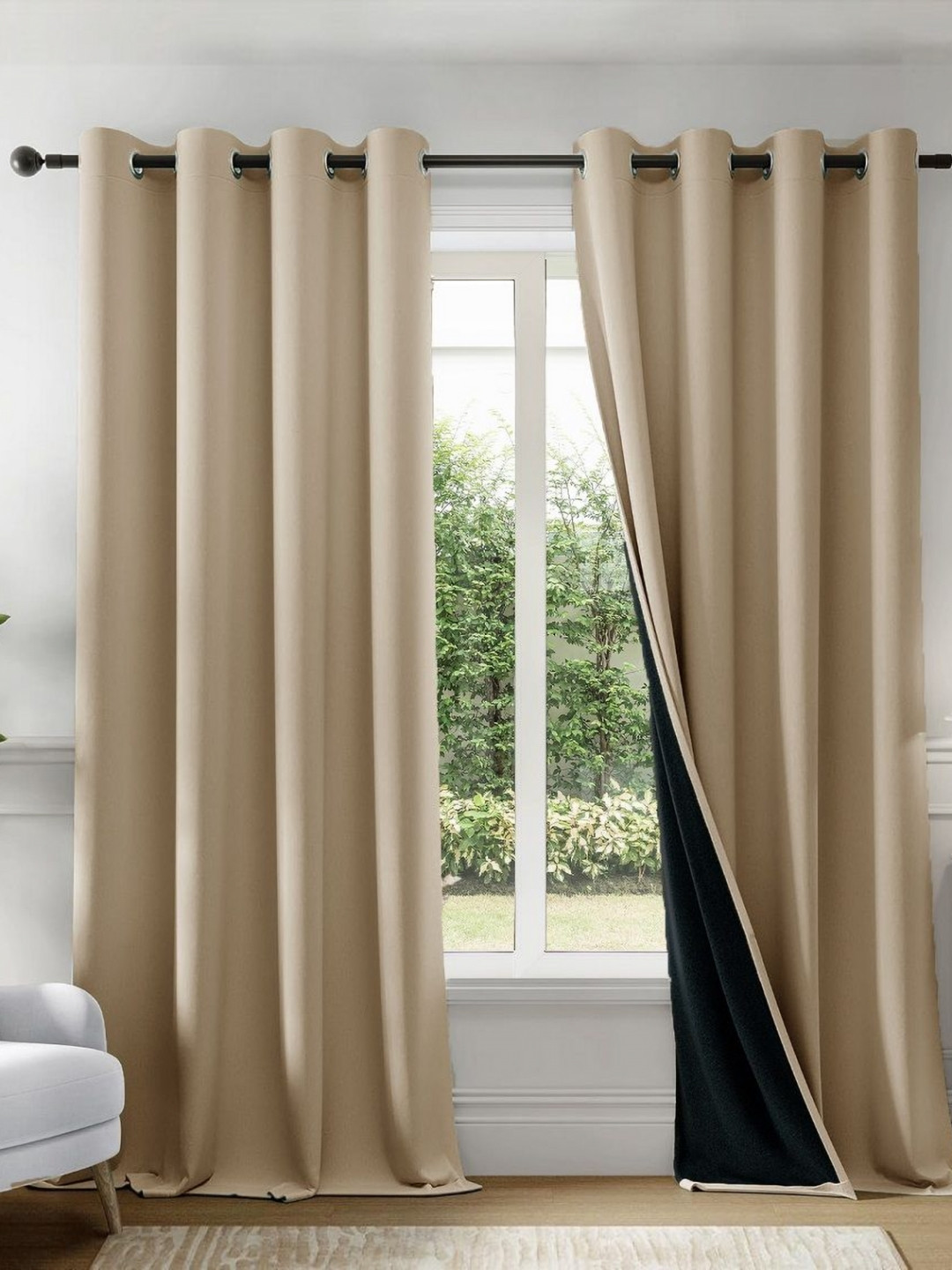 HOMEMONDE Beige & Black 2 Pieces Black Out Window Curtains