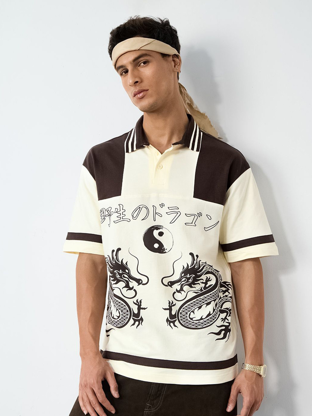 The Souled Store Men Wild Dragon Printed Polo Collar Drop-Shoulder Sleeves Cotton Oversized T-shirt