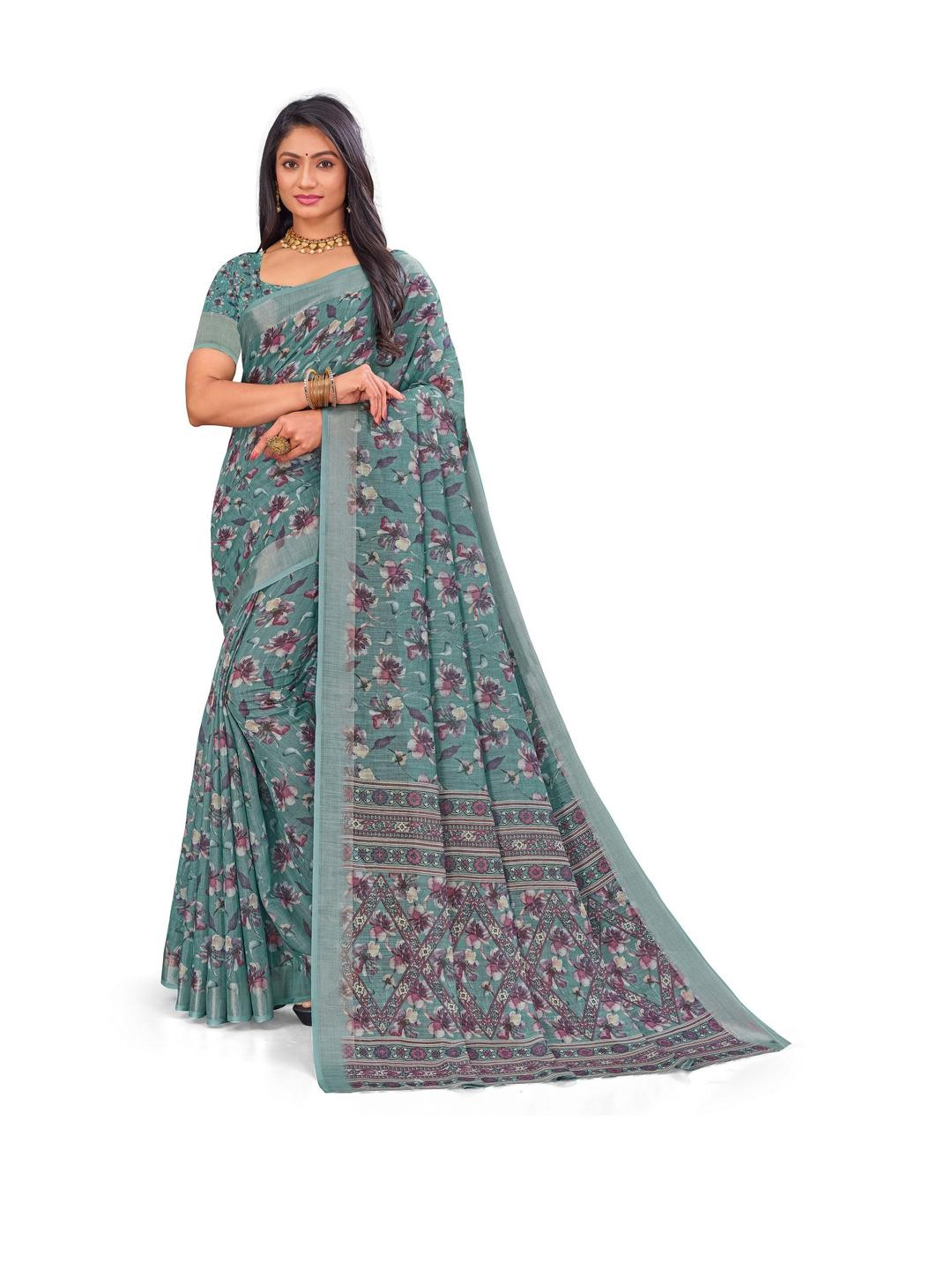 PARVOTSAV Turquoise Blue Linen Blend Saree