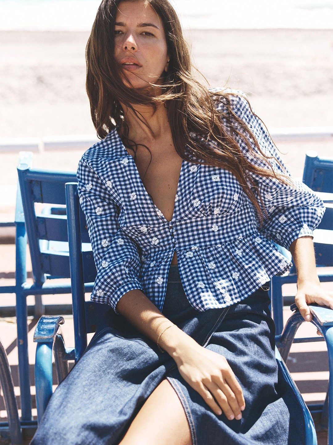 LULU & SKY Women Gingham Check Embroidery Print Top