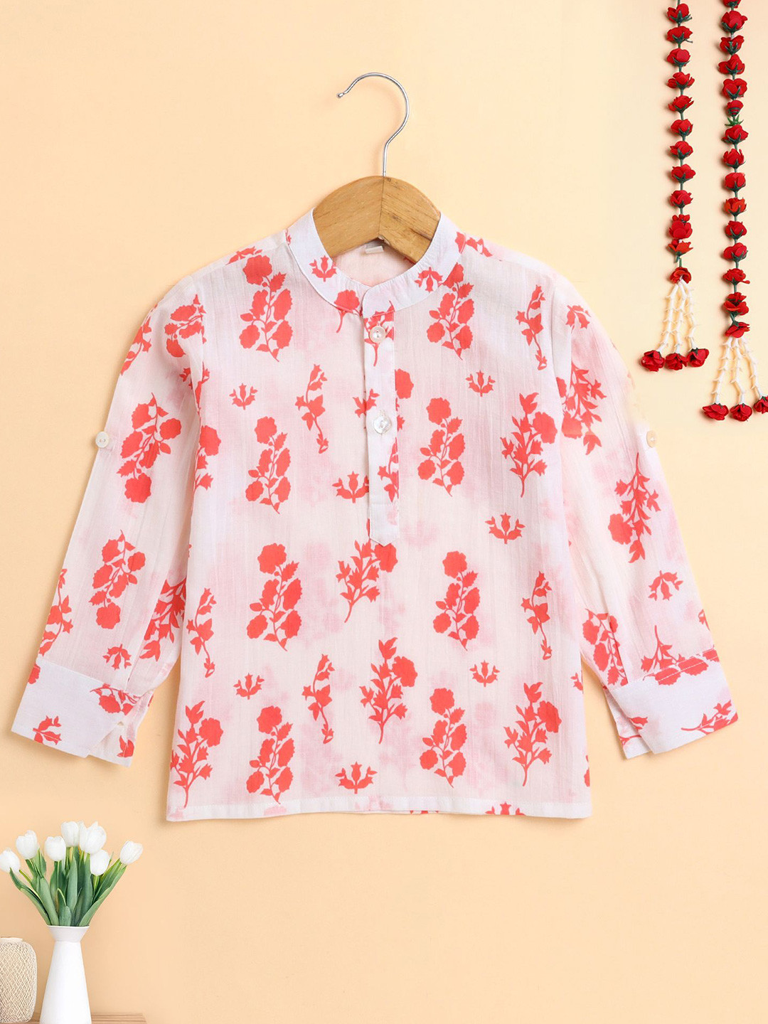 The Magic Wand Boys Floral Printed Daily Cotton Straight Kurta