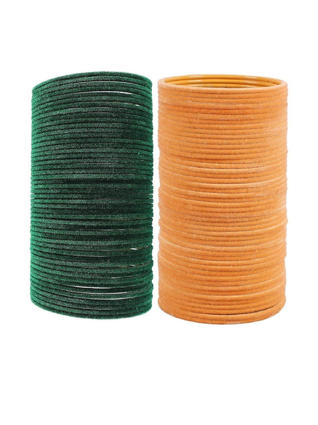 Guddan Set of 96 Green & Peach Metal Velvet Bangles