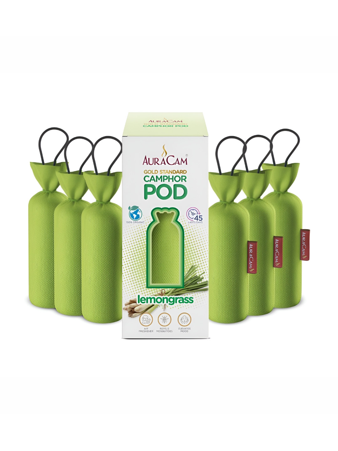 AuraCam 6Pcs Green Gold Standard Camphor Pod Cone Lemongrass Air Fresheners
