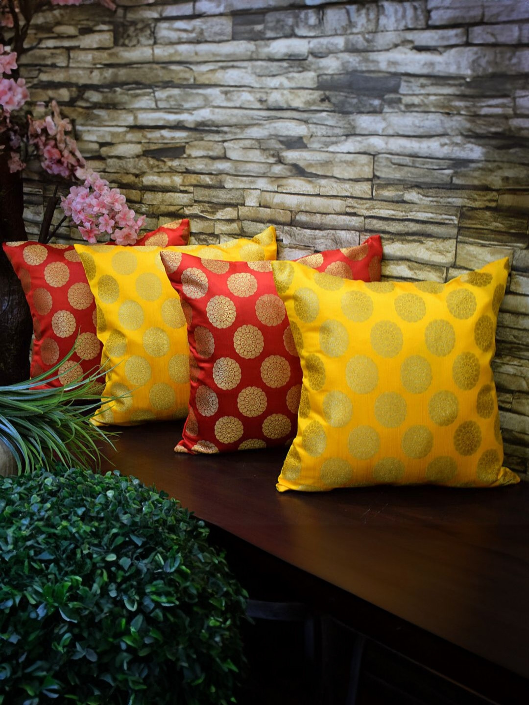 RoyalDeco Mandala Red & Yellow 4 Pieces Ethnic Motifs Brocade Silk Square Cushion Covers