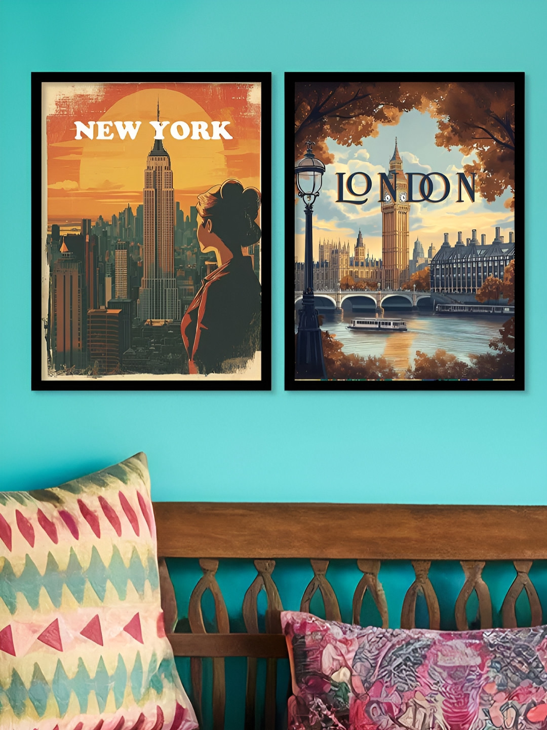 Kotart Black & Orange Colored 2 Pieces Cities Printed Wooden Wall Art