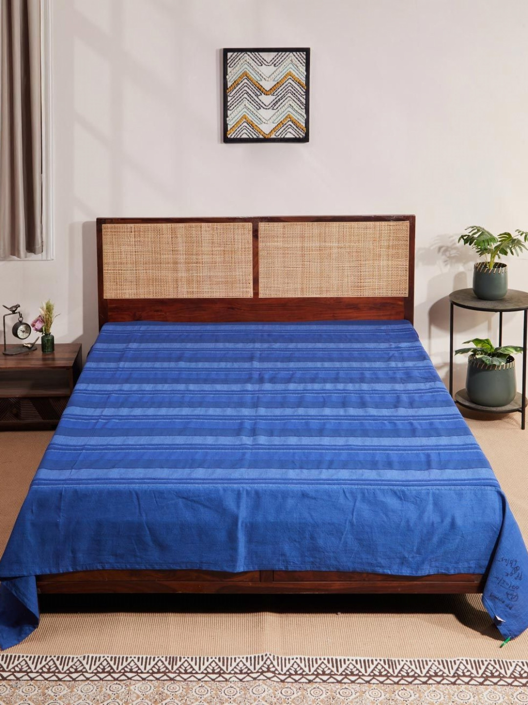 Fabindia Blue Striped Hand Woven Cotton 120 TC Double Bed-King Bed Cover