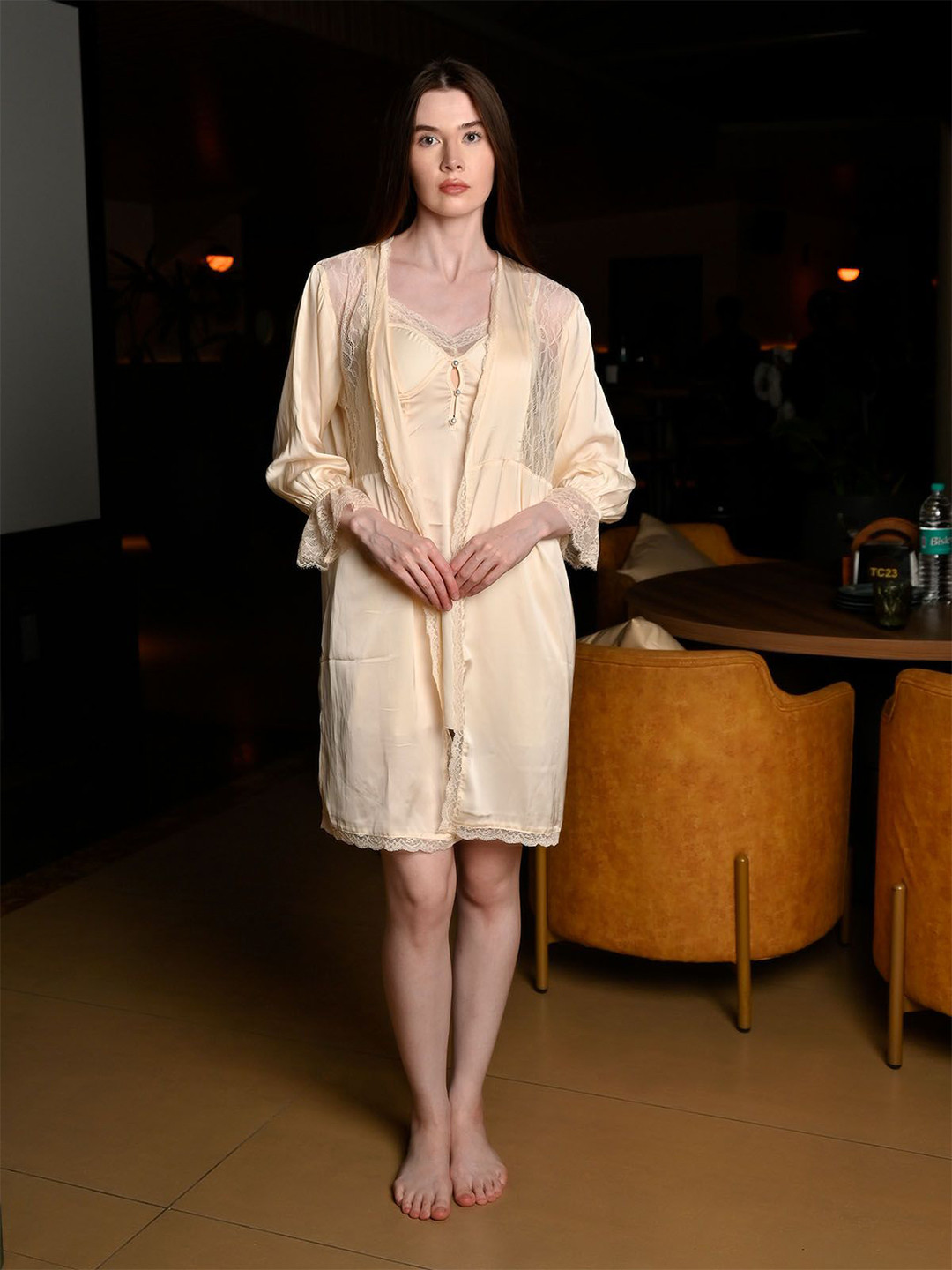 ODETTE Women Ivory Satin Solid Night Wear Set